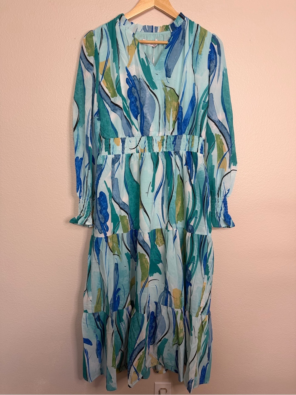 Tiered Teal Floral-Print Long Sleeve Dress